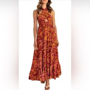 Crossover Halter Neck Maxi Dress In Orangerust Color. Size L from Zesica. NWT.